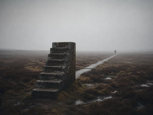 Un escalier de pierre isolé sur la lande des Hautes Fagnes, dans la brume