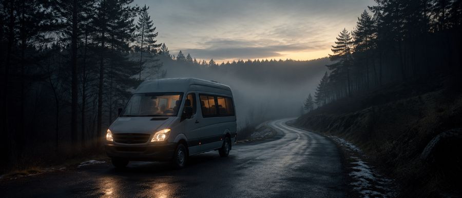 Un minibus blanc à l’arrêt sur une route d’Ardenne au petit matin, dans la brume